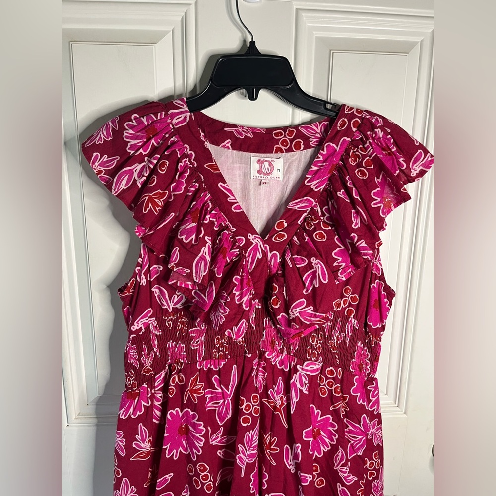 Victoria Dunn cotton maxi floral tiered dress in red pink ruffle sleeve size xl - Picture 2 of 7
